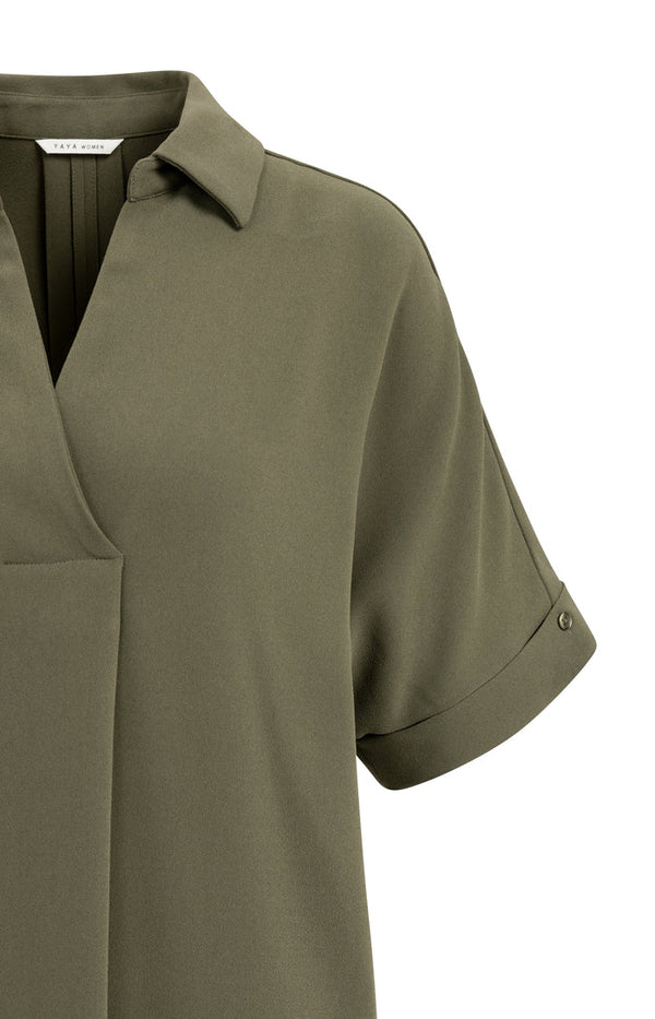 YAYA V-neck Dress with Pleated Sleeves & a Loose Fit - Army Green