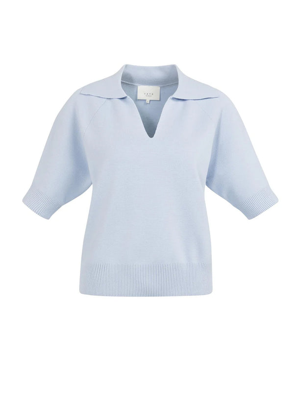 YAYA Short Sleeve Sweater With Collar - Ice Blue