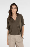 YAYA Jersey Top With Pleated Sleeves - Army Green