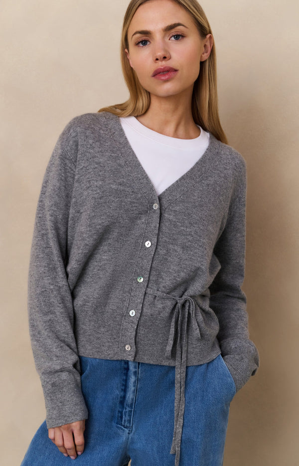 YAYA V-neck Tie Waist Cardigan-Medium Grey Melange