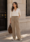 Yaya Wide Leg Tailored Trouser with Side Stitching - Khaki Green