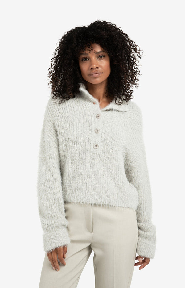 YAYA Furry Collar Sweater - CloudGrey
