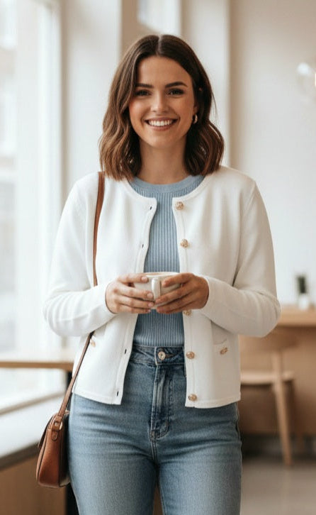 Made in Italy - UB Creative Callie soft knit antique button cardigan - White (Available in Navy)